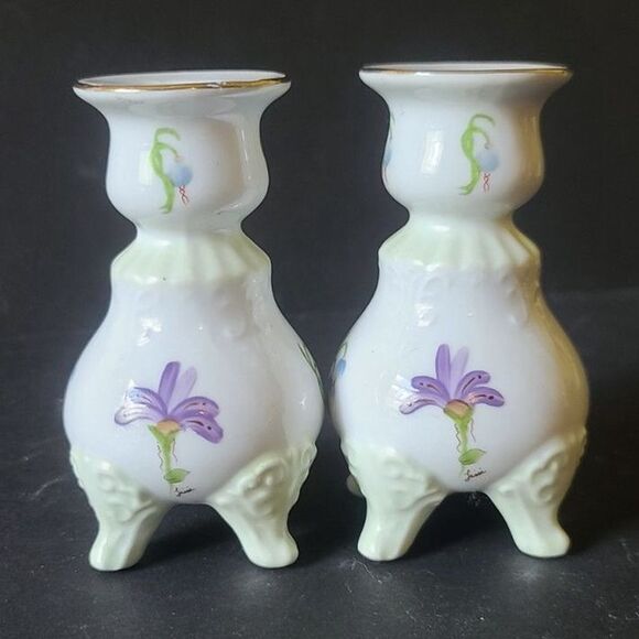 Rare Vintage Lissi Kaplan Giftcraft Crocuses Vintage China Candlestick Holders - Picture 1 of 9